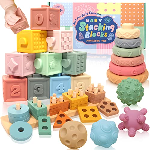 Image of LESONG Sensory Montessori Soft Baby Toys: 3 in 1 Bundle Baby Toys 6 to 12 Months, Teething Toys for Infant Babies 6-9 Months, Gift for Boys & Girls Toddlers 1-3