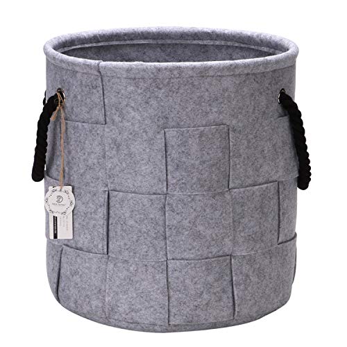 Sea Team 13.4 inches Cross Pattern Felt Storage Basket Nursery Storage Bin Toys Hamper with Rope Handles for Kid's Room, Gray