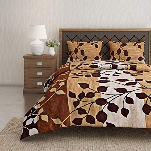 Image of Swayam Pure Cotton Double Bedsheet with 2 Pillow Covers | Size 90 x 100 inch | 160 TC | Leaf Design | Soft Breathable Bed Sheet | Comfortable & Durable for Bedroom - Brown & Beige