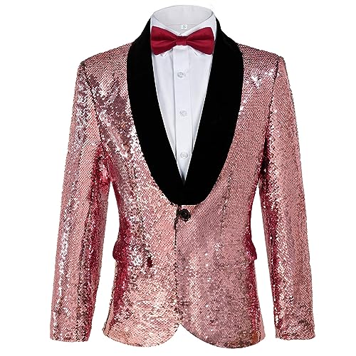 DZMDIP Mens Shiny Sequin Blazer Sparkle Metallic Tuxedo Jacket Party Prom Wedding One Button Jacket(Z3004PK S)