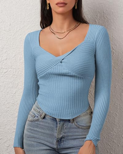 Image of CHYRII Womens Sexy Fall Fashion Twisted Tops Ribbed Knit Winter Pullover Sweater Going Out Crop Tops