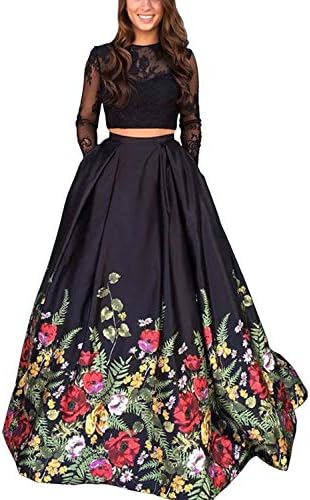 MonaliaMonaliaWomen's 2 Pieces Prom Dresses Long Sleeves Lace Pattern Party Gown (Black-Long Sleeves, US 10)