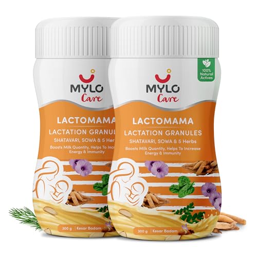 Image of Mylo Lactomama Granules - Lactation Supplement for breastfeeding with Shatavari to Increase Breast Milk (Kesar Badam - 300 g each) | With Herbs like Moringa, Sowa & 5 Others | 2 Scoops per Serving (Pack of 2, Kesar Badam)