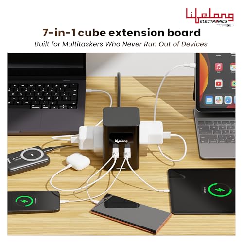 Image of Lifelong Electronics India's First Extension Board with Retractable Type C Cable | 2 AC Power Sockets (2500 W) and 2 USB C + 2 USB A Ports (GaN 25W Fast Charging) | Multiplug Overload Protection