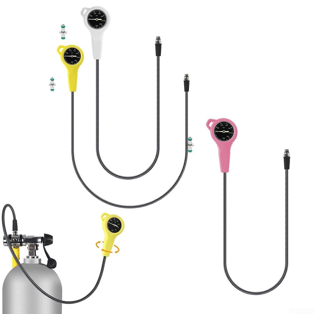 Medidor de presión de buceo con manguera tejida de fibra de carbono (rosa) | Rosca 7/16-20UNF, luminosa para esfera para agua oscura, rotación de 360 grados, alta estabilidad de hasta 300 bares