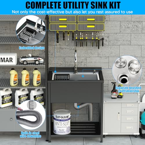 Image of Stainless Steel Utility Sink, 30.8 inch x 22 inch x 39.5 inchFreestanding Sink with Cold and Hot Water Faucet,Hoses and Drain Kit for Kitchens, Bathrooms, Garage, Laundry Room