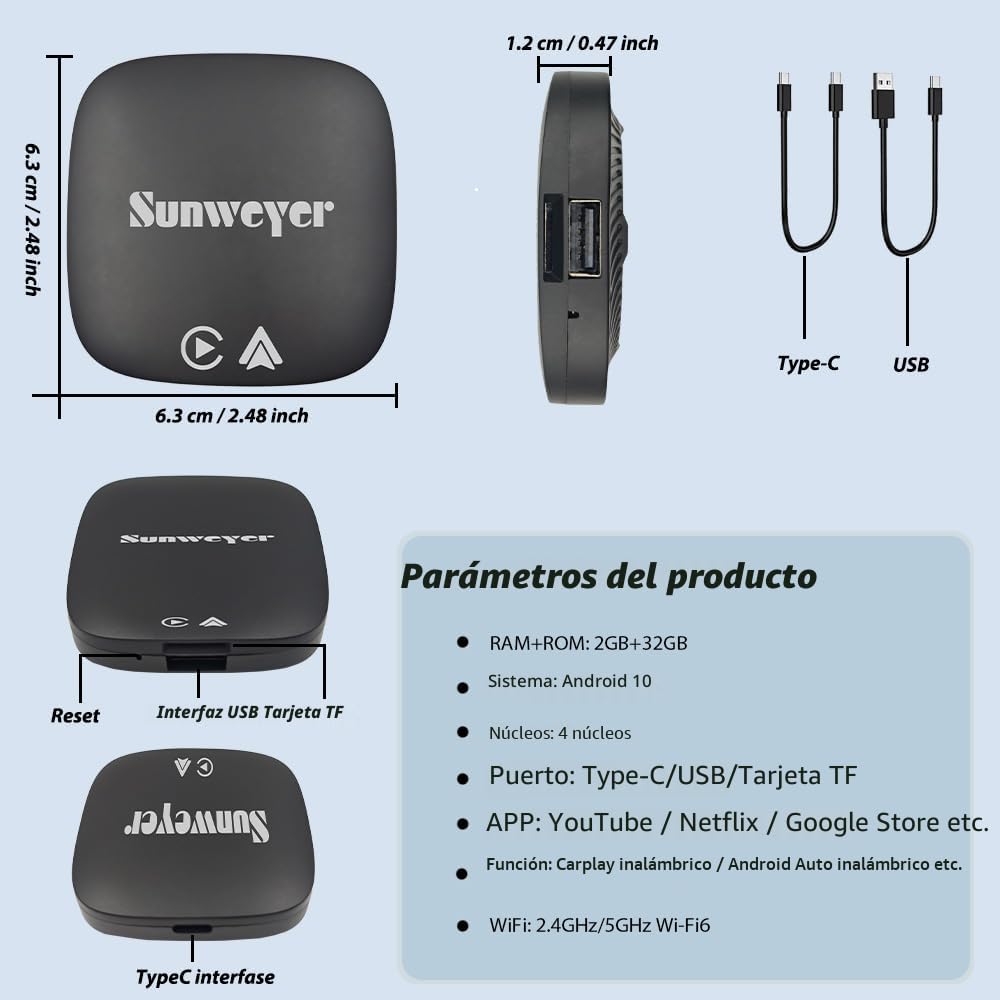 Sunweyer SW05 Adaptador CarPlay Android Auto Inalámbrico 2+32GB con Play Store y Netflix/Youtube - A Inalámbrico, TF/USB, Instalación Apps (Solo para Sistemas con Cable)