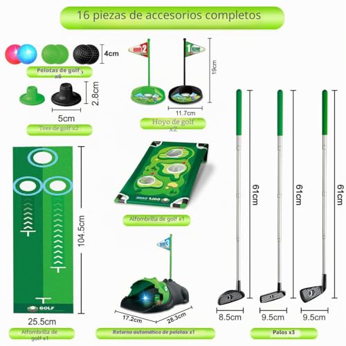 Miniatura 7 de Terramus Set De Golf 3 En 1 Para Niños Con Devolvedor De Golf Automático De Dinosaurio, Tablero De Cornhole De Golf, Pelotas Iluminadas Con Led, Tapete De Putting,Juguetes,Juegos De Mini Golf Pequeños