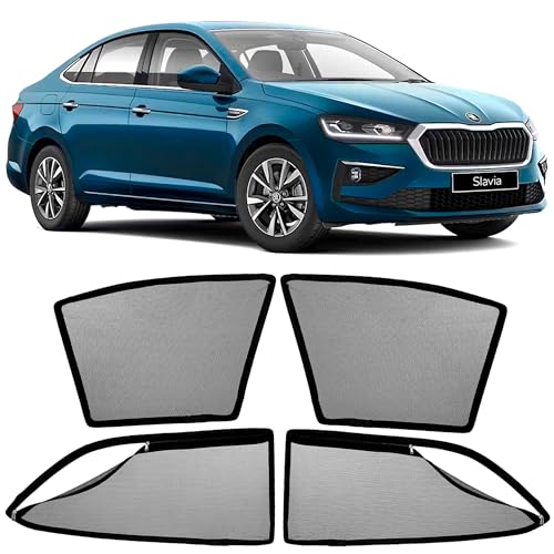 Image of AutoStory Magnetic Car Sunshade for Slavia | Front Half Cut for Mirror Visibility + Rear Full Coverage with Zipper | Heavy Heat & UV Protection | Privacy Side Window Curtains Shades