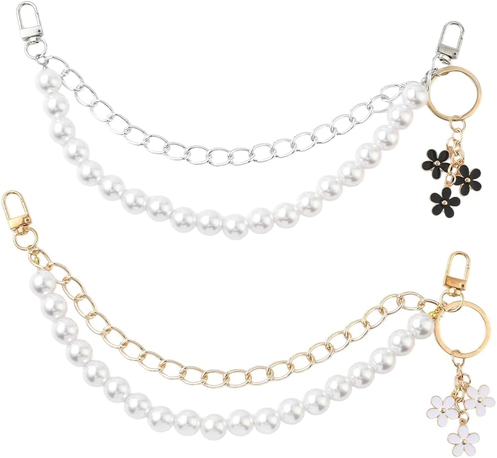 SUNNYCLUE 2Pcs 12 Inch Pearl Bag Chains Purse Extender Chain Set Flower Keychains Gold Silver Imitation Plastic Pearls Strap Replacement Extenders for Handbags Crafts DIY Supplies Wedding Party Women