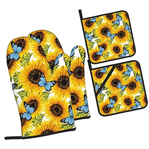 Bokekang Sunflower And Butterfly Oven Mitts And Pot Holders Sets Of 4 Sunflowers Kitchen Mitts Heat Resistant Blue Oven Gloves Set Potholders For Kitchen Baking Grilling #TOP1