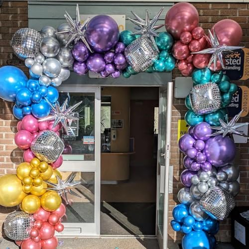 Image of Disco Balloons Garland Arch Kit - 22 18 12 10 5 inch Metallic Purple Blue Hot Pink Green Silver Chrome Disco Balloon with for Birthday Sing Themed 70S 80S 90S Bachelorette Party Decorations