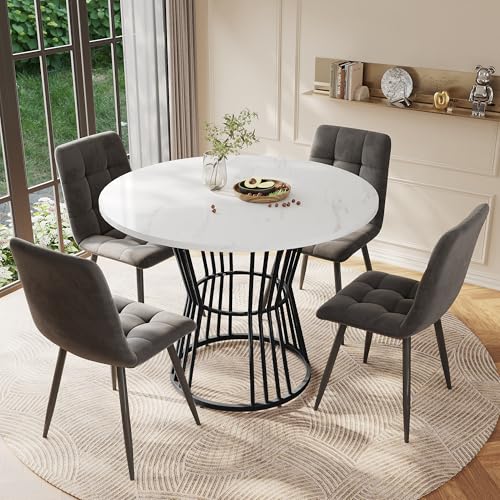 Moderna mesa de comedor redonda con diseño de mármol y patas de metal estables, mesa de cocina y salón con 100 cm de diámetro, 75 cm de altura, capacidad de carga de 60 kg, fácil montaje y elegancia