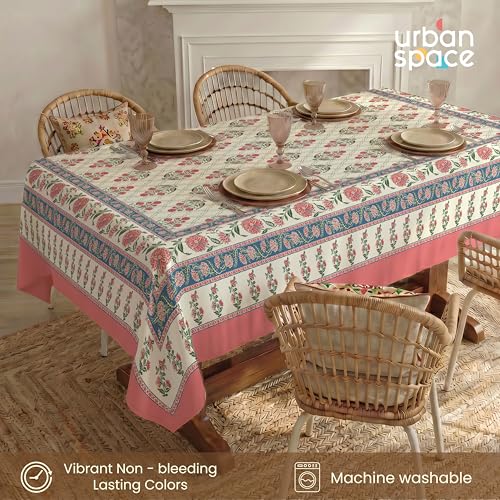 Image of Urban Space 100% Cotton Dining Table Cover 6 Seater, Jaipuri Handblock Cotton Table Cloth for Center Table, Dining Room Table Cover (Size 48 inch x 92 inch - 6 Seater, Amberjaal Pink)