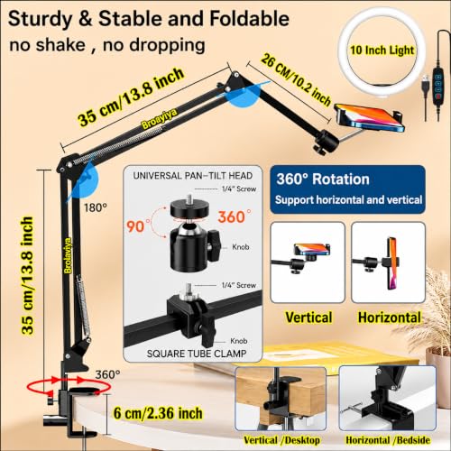 Image of BROLAVIYA No Shadow Overhead Video Mobile Stand with Extra Long Metal Arm,10 inch Selfie Ring Light, 2 Way Base clamp 1 /4 inch Adaptor for Camera, GoPro and Mobile Bracket for Desktop, Bedroom, Office