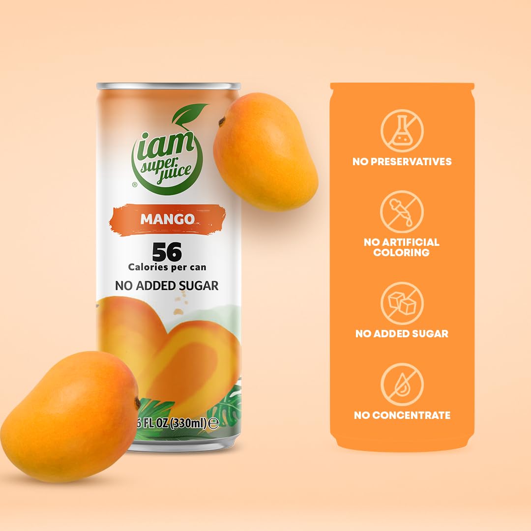 I am Superjuice Mango - Natural Fruit Juice Drink - Zero Added Sugar - Low in calories (56 per can) - 12 Pack x 11.16 FL OZ