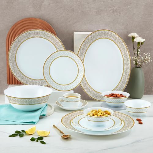 Image of Larah by Borosil Opalware Dinner Set Microwave & Dishwasher Safe | Bone-Ash Free | Crockery Set for Dining & Gifting | Plates & Bowls (Marigold Veil, 60pc)