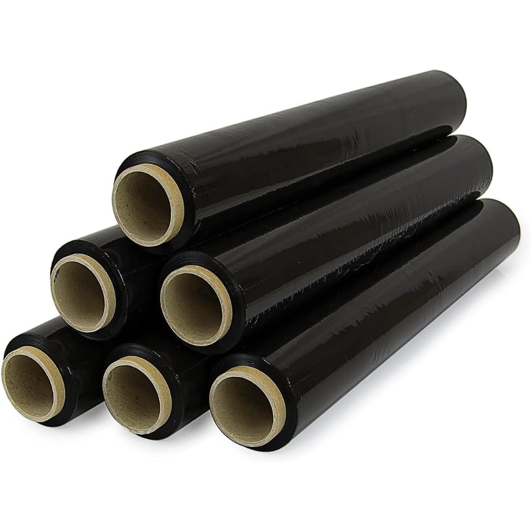 KROWN - Film Transparente o Negro para Embalar de 50 cm x 200 Metros de Longitud – Rollo de Film Elástico Manual para Embalaje Industrial (6 Rollos, Negro)