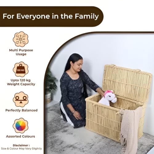 Image of Toys Storage Box With Lid & Handle | Storage Box For Kids Clothes | Large Wooden Storage Box | Toys and Books Organizer With Sitting Space (Handmade Bamboo Cane Wood- Eco Friendly)