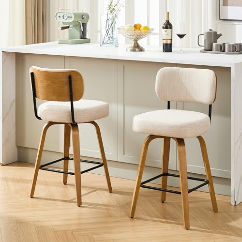 Image of Swivel Bar Stools Set of 2, 26 inch Upholstered Counter Height Bar Stools with Back and Oak Wood Legs, Linen Fabric Upholstered Barstools for Kitchen Counter, Linen Beige