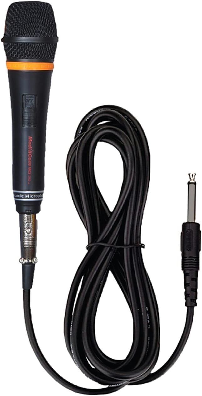 Жакын план view of a single wired microphone with its cable and jack