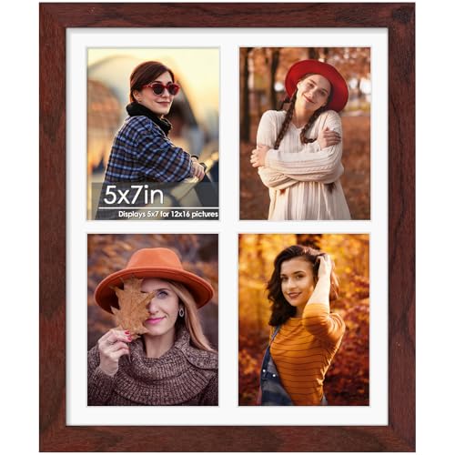 Image of DUENPY 12x16 Picture Frame 5x7 Collage Picture Frame Displays Four 5x7 inch Photos or 12x16 (Without Mat) for Available Horizontal Wall Mounting Display and Vertical Redwood
