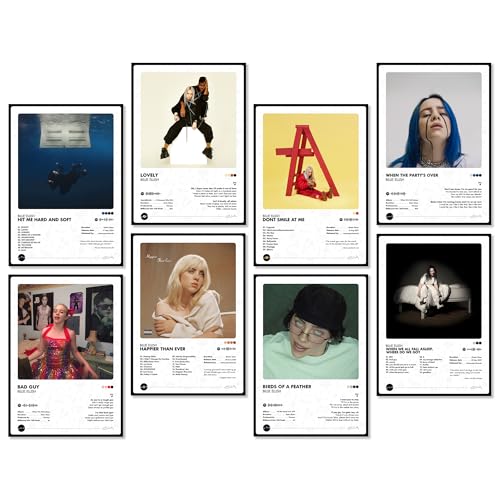 Image of Thepaper9store Pack of 8 Billie Eilish Album Posters (8.4 x 12 Inch) with Adhesive Tape | Music Wall Decor | Posters for Bedroom, Office