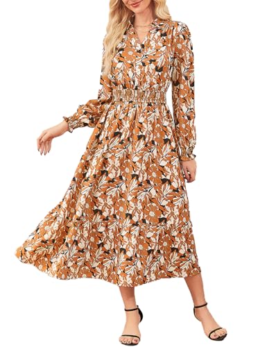 Women's Floral Dress for Women 2025 Fall Midi Dress Casual Long Sleeve V Neck A Line Flowy Shirt Dresses with Pocket