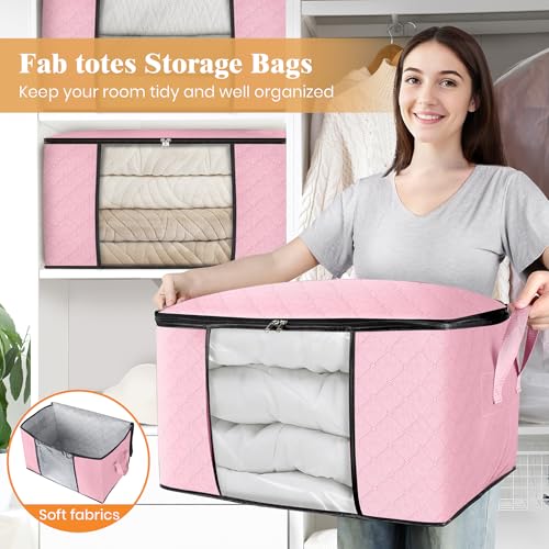 Fab totes 3 Pack Clothes Storage, Foldable Thick Fabric Blanket Storage Bags, Containers for Organizing Bedroom, Closet, Clothing, Comforter, Organization with Handle,Pink - Thumbnail 6