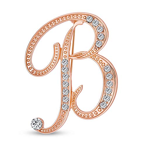 Image of Bling Jewelry Large Statement ABC Pave Crystal Cursive Script Monogram Letters Alphabet Initial B Scarf Lapel Pin Brooch For Women Rose Gold Plated