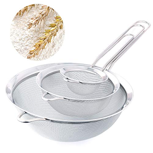 KINMAD - Coladores de malla fina de cocina, 3 piezas de acero inoxidable con asa, 2.7 pulgadas + 4.8 pulgadas + 7.1 pulgadas, ideal para colar pasta, fideos, quinua, té, tamizar y tamizar harina y