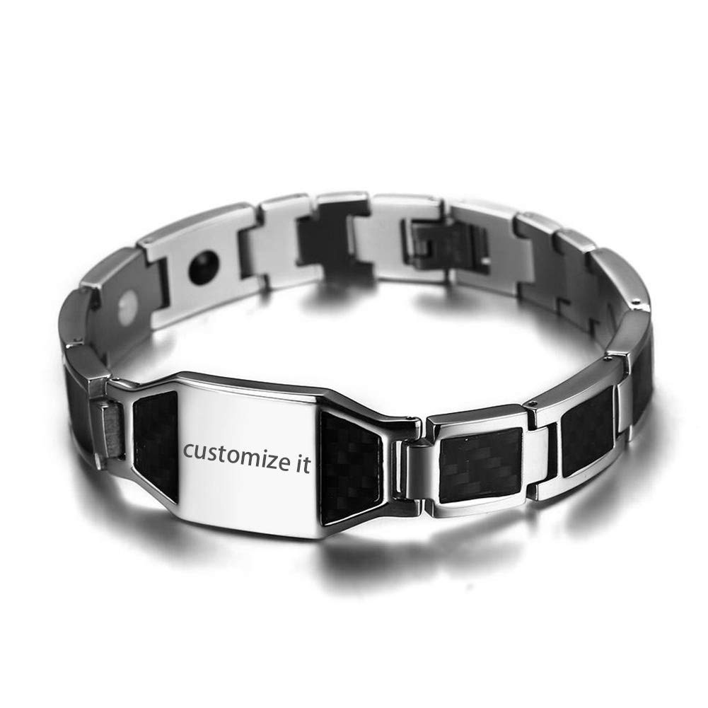 JewelryWe Bracelet Homme Personnalié Magnétique: Bracelet Prénom Personnalisable en Acier Inoxydable et Fibre de Carbone avec Gravure Laser 21.5 Centimètres - Cadeau Noël Anniversaire