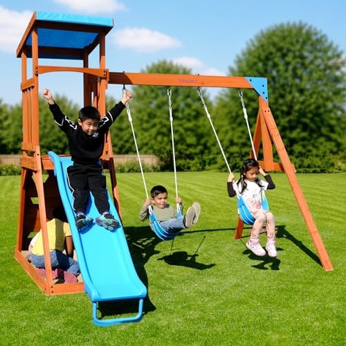Sportspower Grand Teton Cedar Wooden Swing Set for Kids Ages 3-8, Outdoor Backyard Playset with 2 Sling Swings, Play Fort with Ladder, Sandbox & 6ft Slide, Bonus Anchor Kit