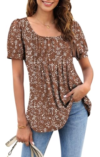 Zwurew Women's Summer Casual Puff Short Sleeve T-Shirts Square Neck Pleated Flowy Trendy Tunic Tops for Leggings S-2XL4