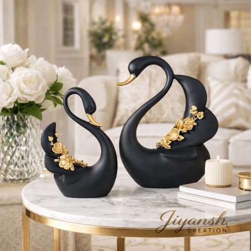 Image of JIYANSH Creation Duck Swan Pair Figurine - Feather Design Black Sculpture for Home Decor Living Room Table - Antique Showpiece Pack of 1 (Black Swan)