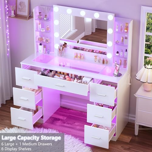 Image of HUAHUU Vanity Desk with Mirror and Hollywood Lights, Makeup Vanity 6 Backlit Open Shelves with Frosted Panel & RGB Light, Transparent Top, Power Outlet, 7 Drawers & Storage Organizer for Bedroom