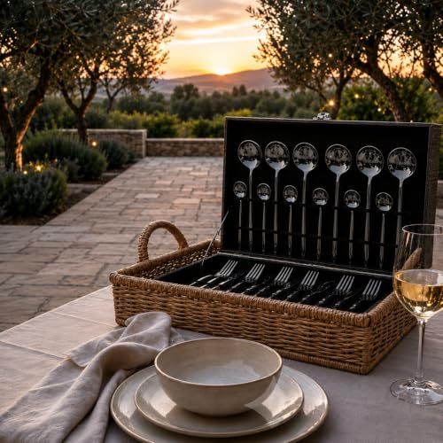 Image of 24-Piece Black Stainless Steel Cutlery Set with Premium Storage Textured Plastic Box | Mirror Finish Flatware for 6 | Dinner Spoons, Forks, Knives & Teaspoons | Luxury Gift Set