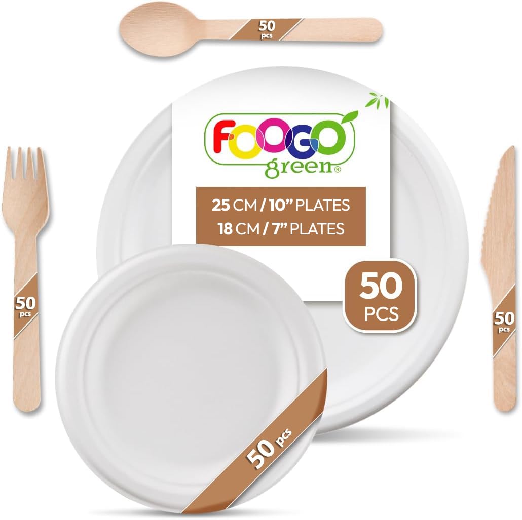 FOOGO Green 250pcs Disposable Sugarcane Fibre Strong Paper Plates and Wooden Cutlery Set, FSC® Certified, 50x Large Round, 50x Small Plates, 50x Forks, 50x Knives, 50x Spoons — image 1