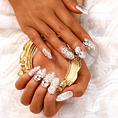 Drecode Rhinestones Press on Nails Medium Crystal False Nails with Designs Bling Luxury Bride Wedding Party Fake Nail Tip for Women and Girls(24 pcs)