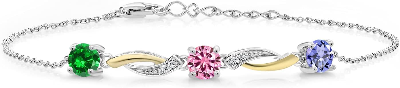 Customized and Personalized 3-Stone Tennis Bracelet For Women | 925 Sterling Silver and 10K Yellow Gold | Gemstone Birthstones and White Lab Grown Diamond | 7 Inch | With 1 Inch Extender