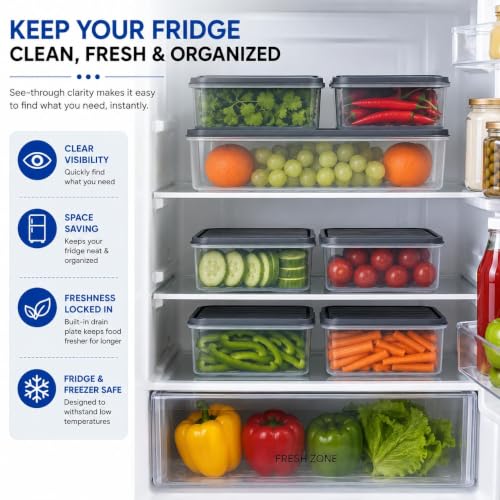 Image of Fridge Storage Containers Set of 3 with Lids | Food Grade Plastic Refrigerator Organizer | 1 x 2500ml & 2 x 1200ml Stackable Kitchen Storage Boxes for Fruits, Vegetables & Meal Prep (2-1200 1-2500)