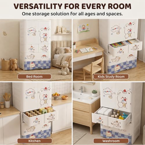 Image of StarAndDaisy Kids Wardrobe /Multifunctional Collapsible Plastic Wardrobe /Almirah for Kids- Storage Cabinet - Dustproof Baby /Wardrobe Organizer for Clothes, Toys -Cake Bear