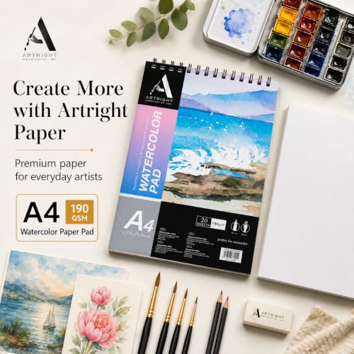 Image of ArtRight Artists' Watercolor Paper Pad A4 190 GSM - 20 Sheets of Handmade Rough Grain Water Colour Papers, Ideal for Artist, Professional Drawing, Painting Dry & Wet, Fine Art, School, Student, Watercolor