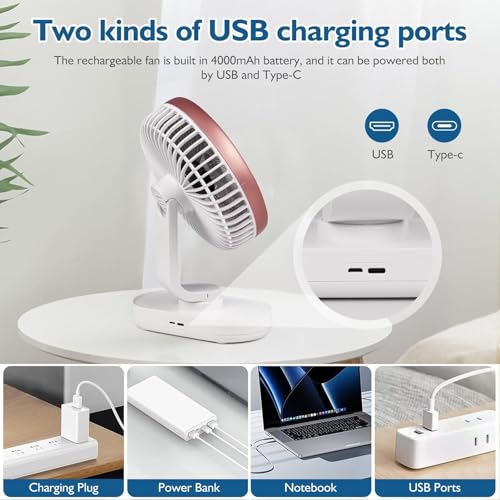 Image of TEKCOOL 4000mAh Rechargeable Desk Fan, Portable Table Fan,USB Fan, USB Battery Powered Quiet Personal Fan,4 Speed for Home Office Travel Outdoor(Rose)