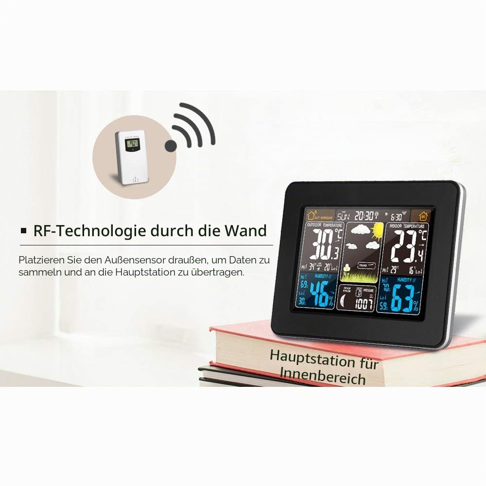 Kabellose Wetterstation, digital, bunt, Wettervorhersage, Uhr mit Außensensor, Innen-Außen-Thermometer mit Uhrzeit, Datum, Temperatur, Luftfeuchtigkeit, Barometer, Alarm, Mondphasenanzeige, Wetteruhr