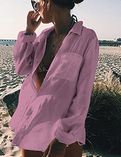 Image of Bsubseach Women Long Sleeve Beach Shirt Blouses Bathing Suit Cover Up Button Down Collar