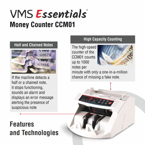 Image of VMS Essentials CCM01 Business-Grade Note Counter - Advanced Counterfeit Detection with UV, MG Sensors, Dual LED Display, and 1 Year Offsite Warranty Included