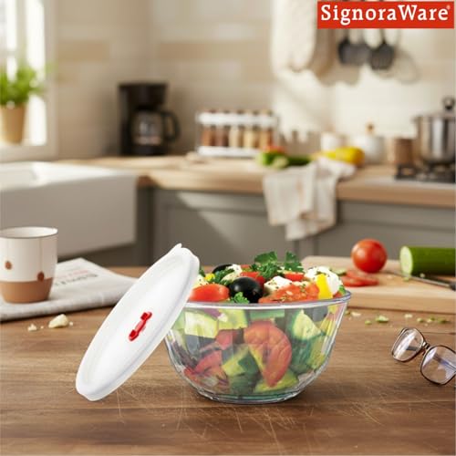 Image of SignoraWare Prism Brorsilicate Glass Bowl with Lid | Microwave & Freezer Safe | Elegant Design for Everyday Use | Durable & Scratch Resistant | Ideal for Mixing, Serving & Storing (1 LTR | Clear)