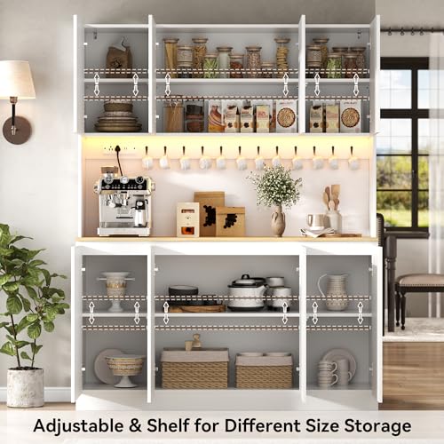 Image of 71 inch White Kitchen Pantry with Power Outlet & LED Light, Large Kitchen Hutch Cabinet with Adjustable Shelf, Modern Buffet Cabinet with 8 Doors, Food Pantry Storage for Dining Room (White 8 Doors)