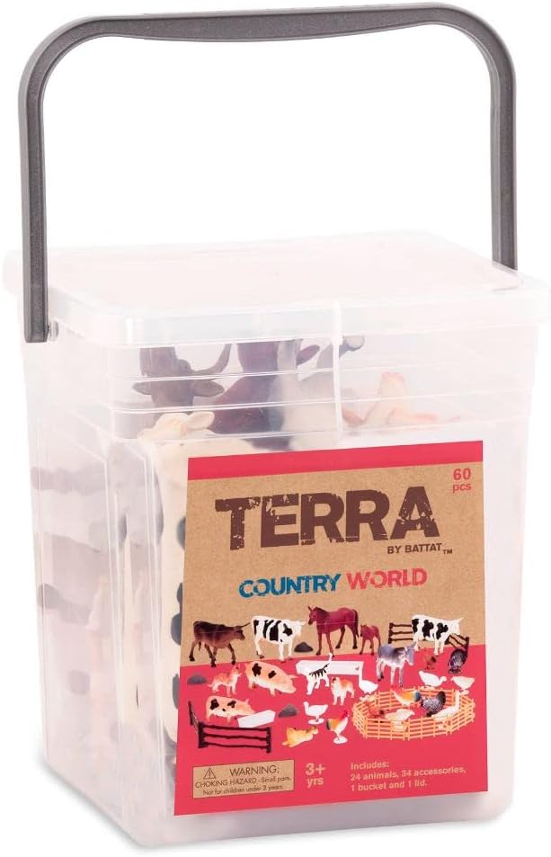 Terra by Battat – Farm Animal Figurines & Accessories – 60 Pieces Toy Animal Bucket for Kids – Cows, Pigs, Horses, Cats & More – Realistic Farm Playset – Country World Toys 3+ Years